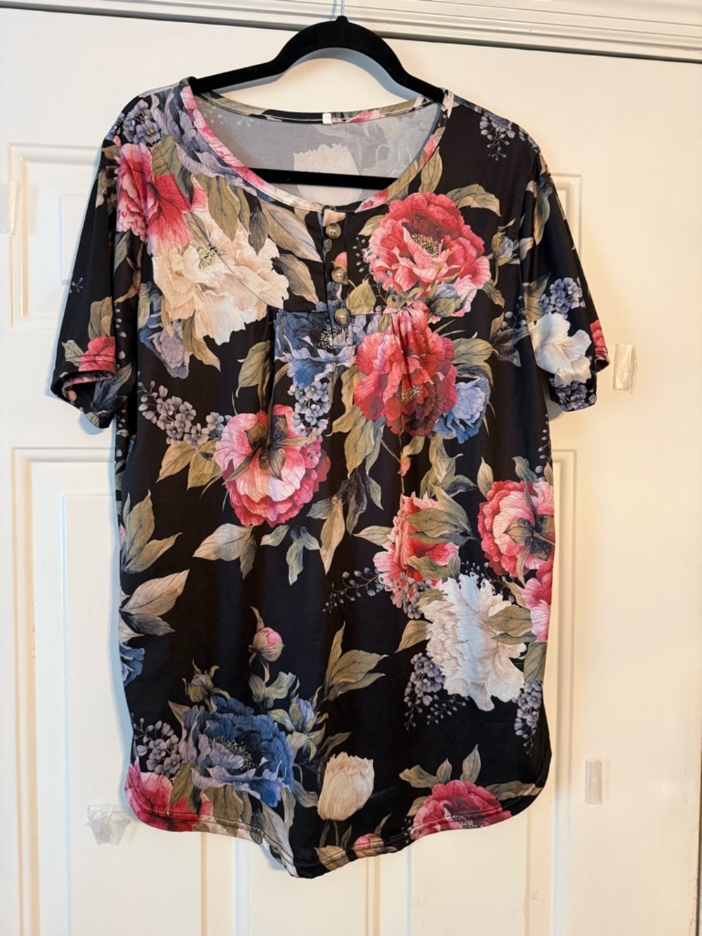 Floral Short-Sleeve Henley Top - Black with Pink & Blue Blooms
